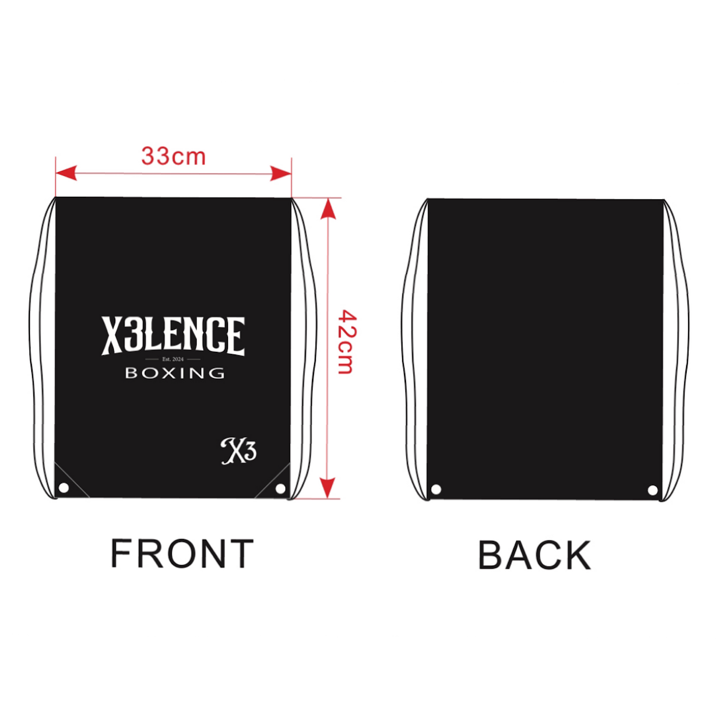 Voor- en achterkant van X3LENCE sport gymtas, zwart met contrasterend wit logo, compacte en functionele tas