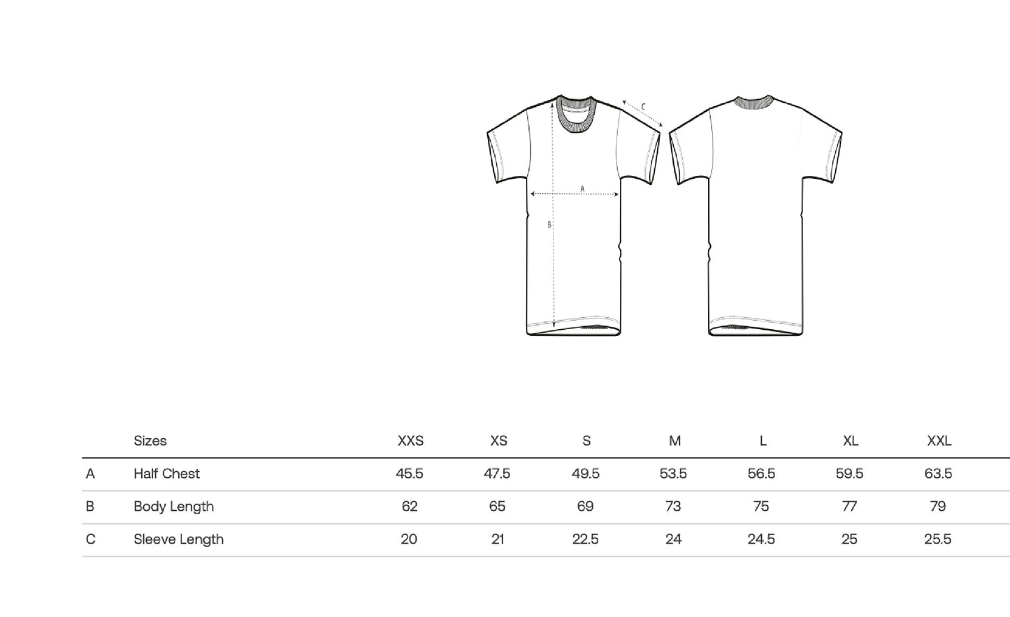 Technische tekening van het X3LENCE Boxing T-shirt met maattabel en snit