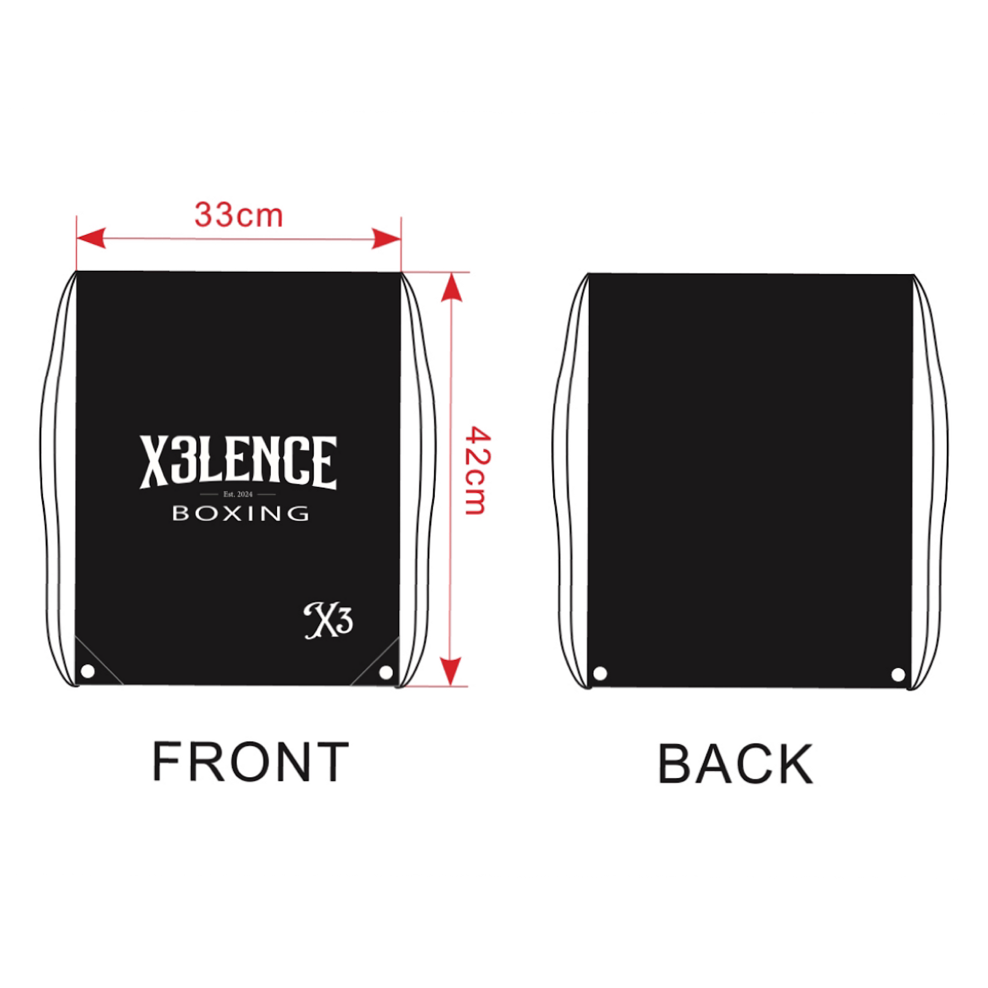 Voor- en achterkant van X3LENCE sport gymtas, zwart met contrasterend wit logo, compacte en functionele tas
