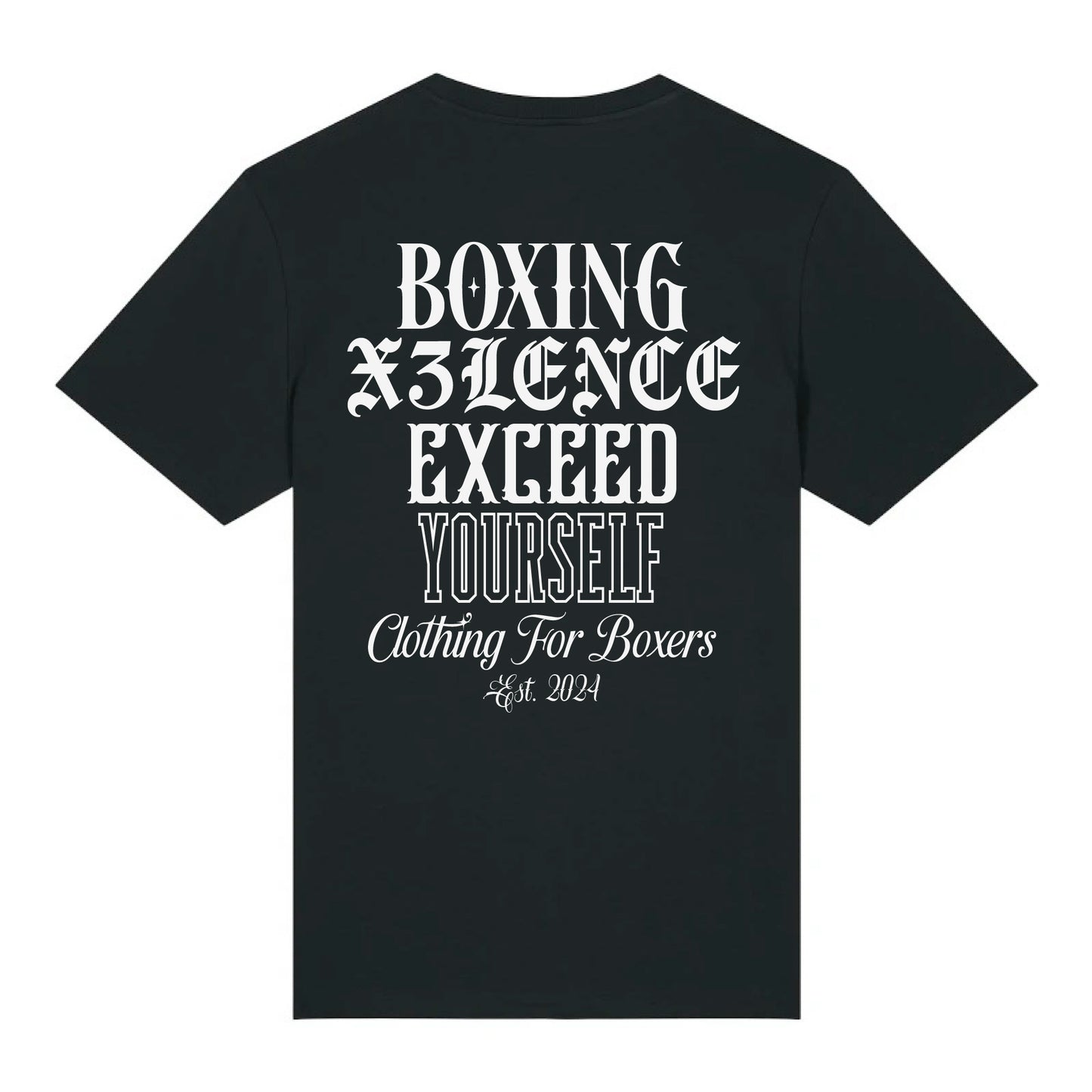 Zwart uniseks X3LENCE t-shirt met witte rugprint “Boxing Exceed Yourself – Clothing For Boxers” in biologisch katoen
