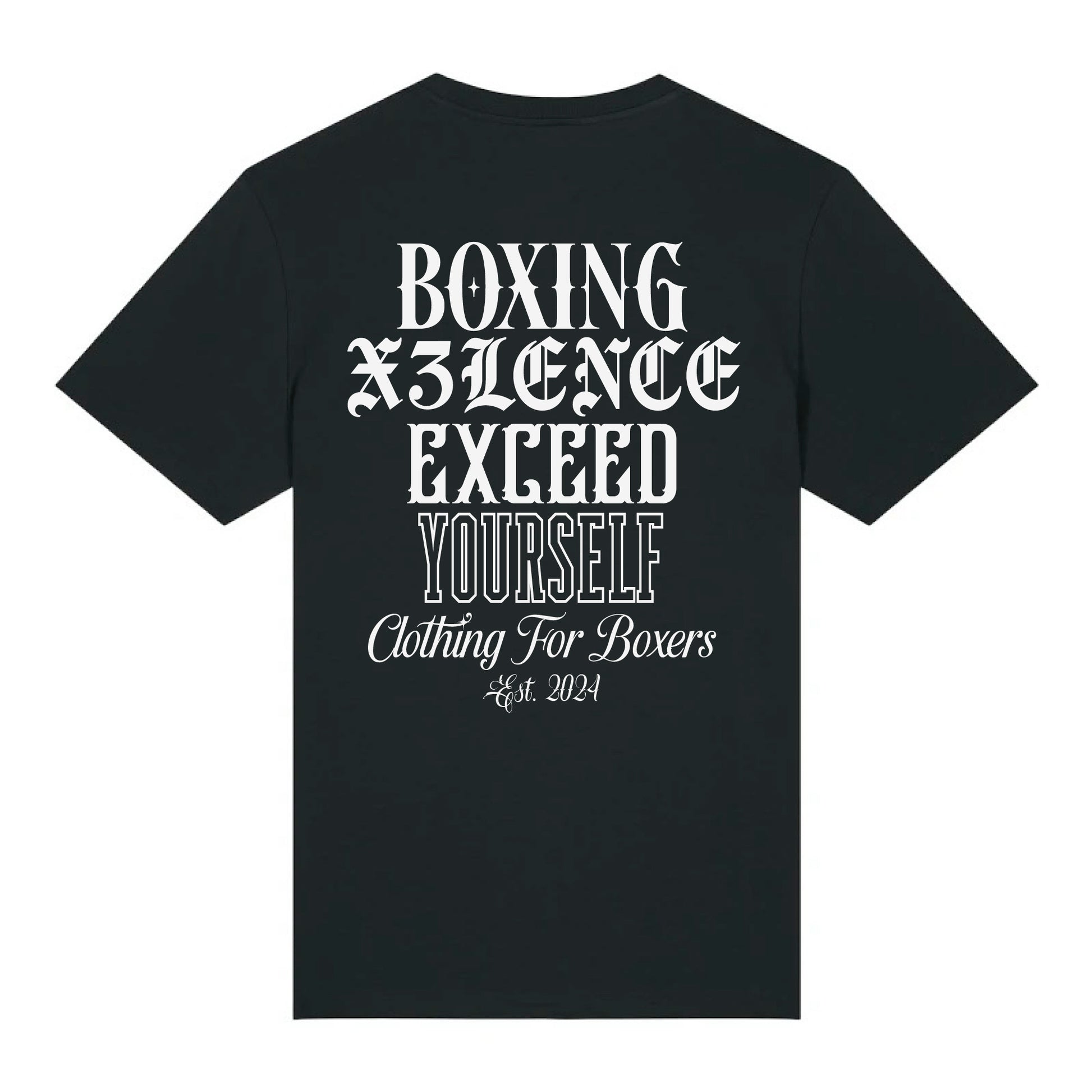 Zwart uniseks X3LENCE t-shirt met witte rugprint “Boxing Exceed Yourself – Clothing For Boxers” in biologisch katoen
