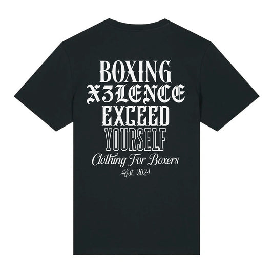 Zwart uniseks X3LENCE t-shirt met witte rugprint “Boxing Exceed Yourself – Clothing For Boxers” in biologisch katoen
