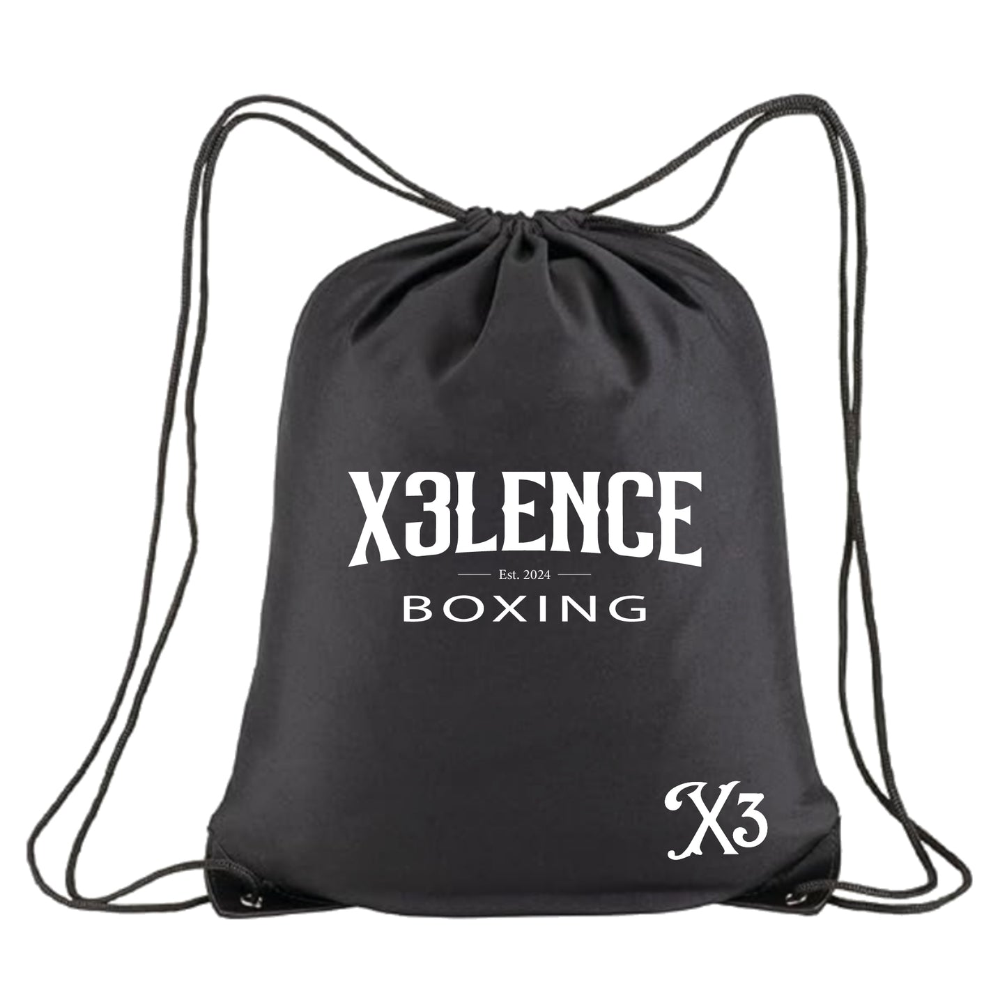 Zwarte X3LENCE gymtas met wit logo, lichtgewicht sporttas met trekkoordsluiting voor boksen en fitness