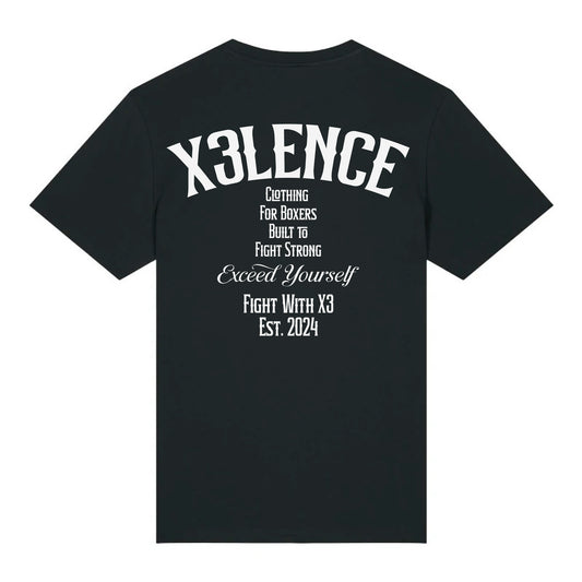 Zwart X3LENCE T-shirt met grote rugprint “Clothing for Boxers – Exceed Yourself – Fight With X3 – Est. 2024” in witte zeefdruk, biologisch katoen

