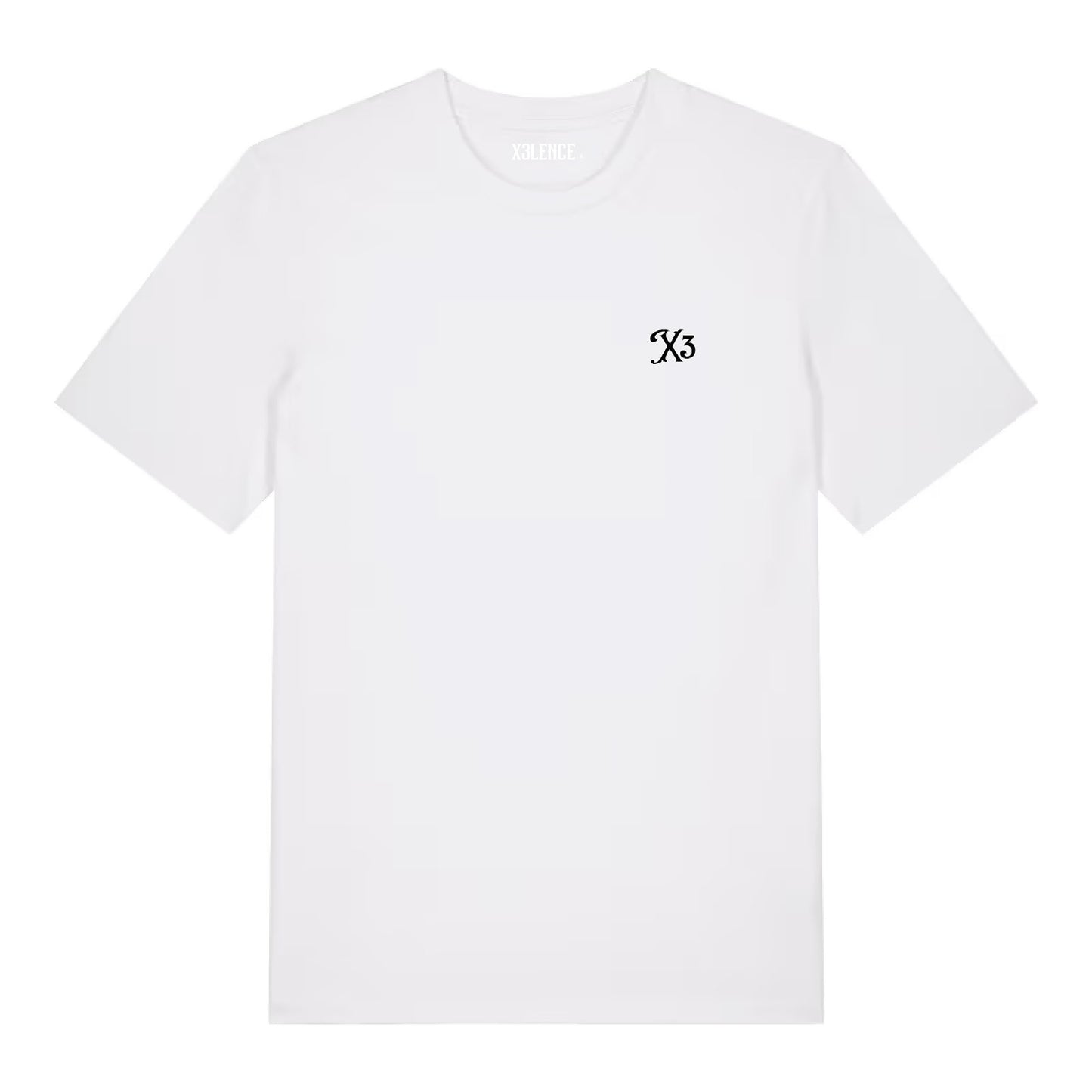 Minimalistisch wit T-shirt van X3LENCE met klein X3-logo op de linkerborst, uniseks regular fit