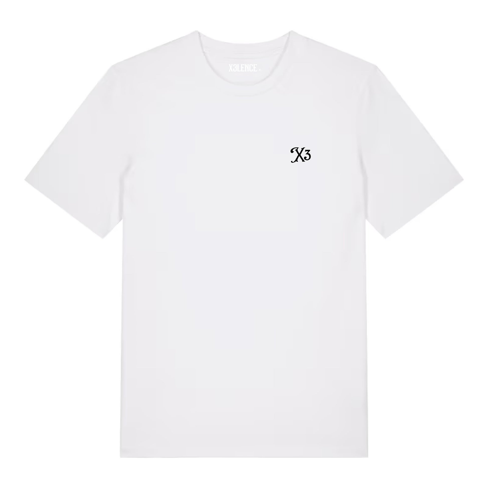 Minimalistisch wit T-shirt van X3LENCE met klein X3-logo op de linkerborst, uniseks regular fit