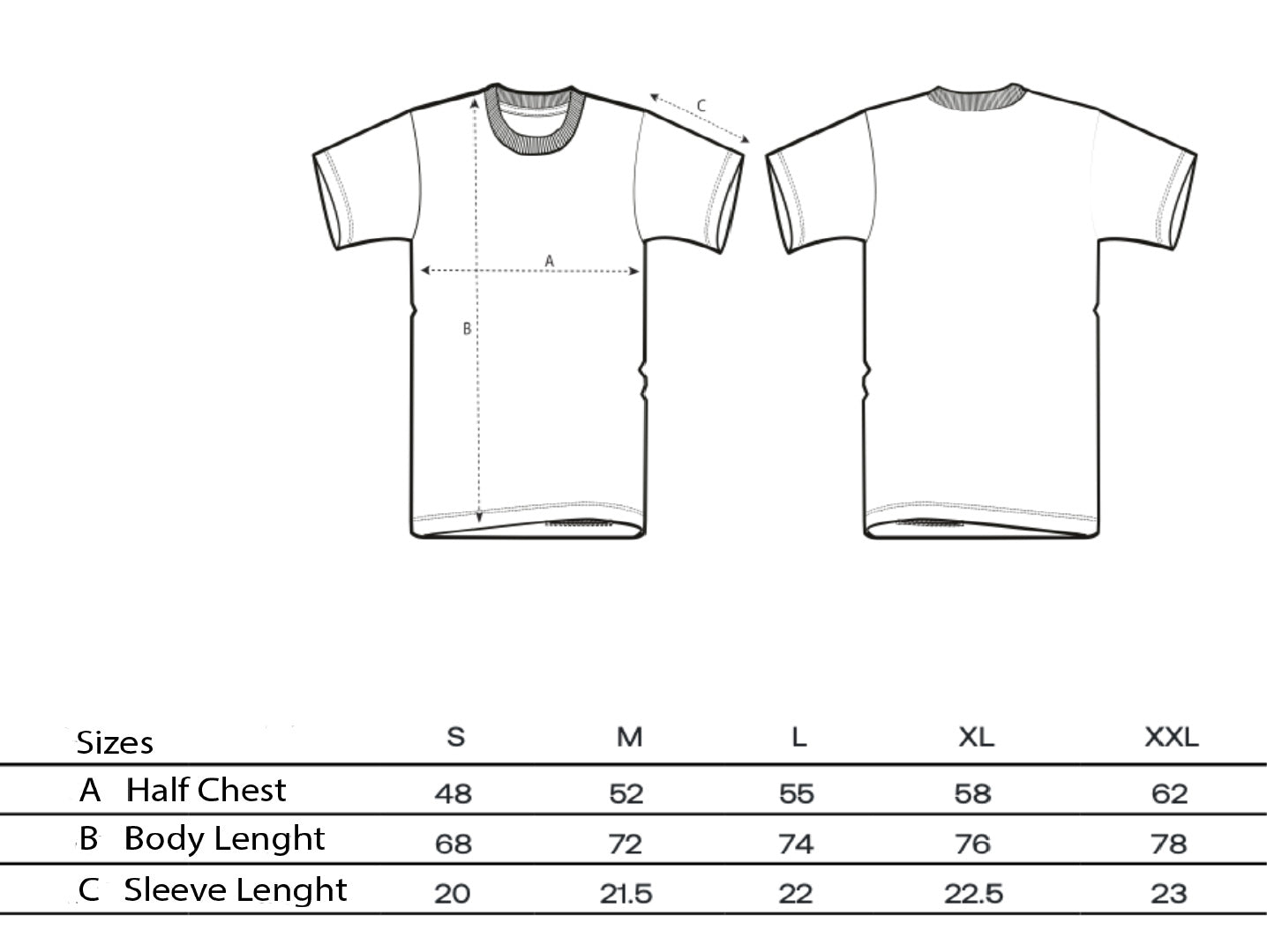 Maattabel X3LENCE T-shirt – Afmetingen van borst, lengte en mouw voor maten S t/m XXL