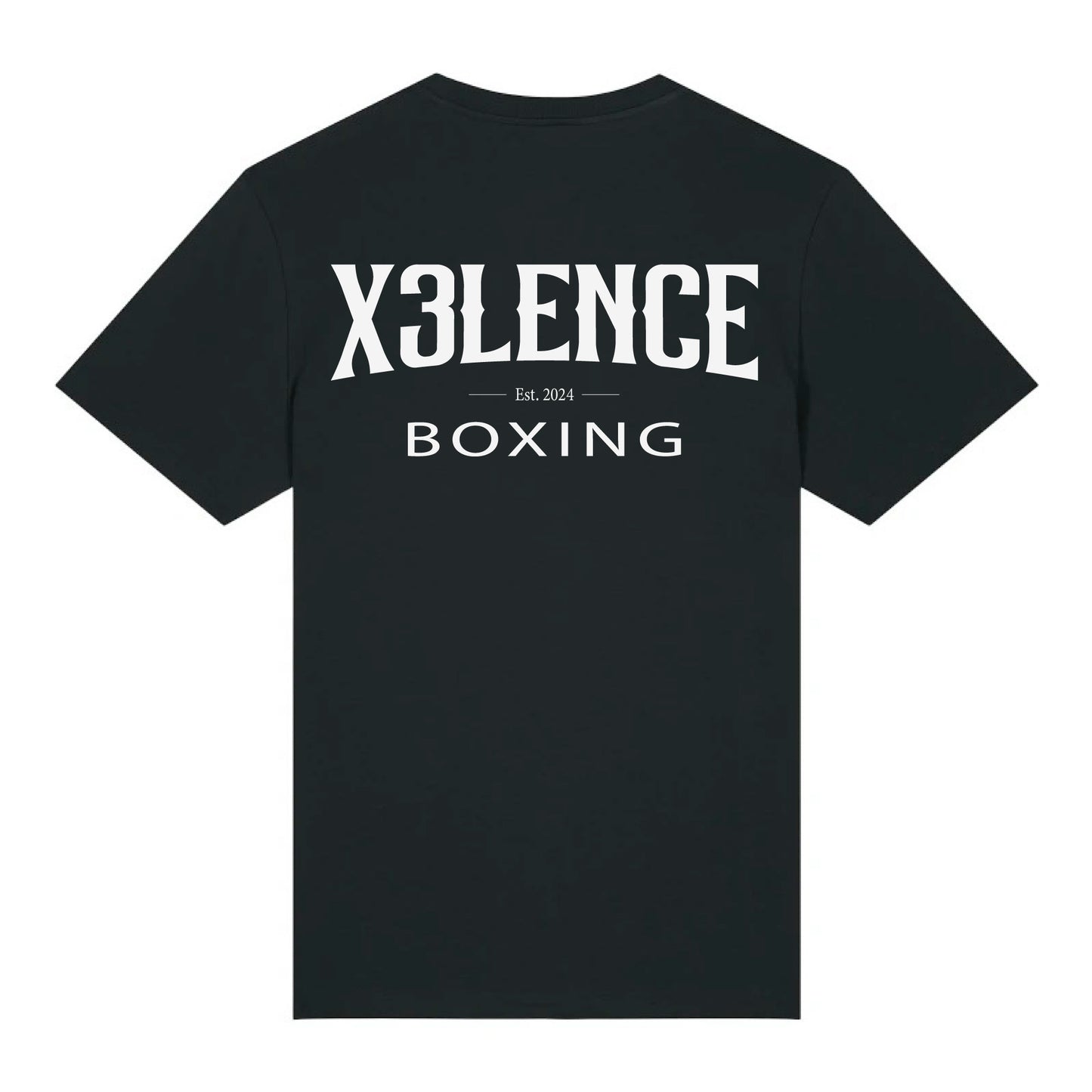 Achterkant van het zwarte X3LENCE T-shirt met groot wit logo “X3LENCE BOXING – Est. 2024”, gedrukt in sportieve stijl op biologisch katoen.