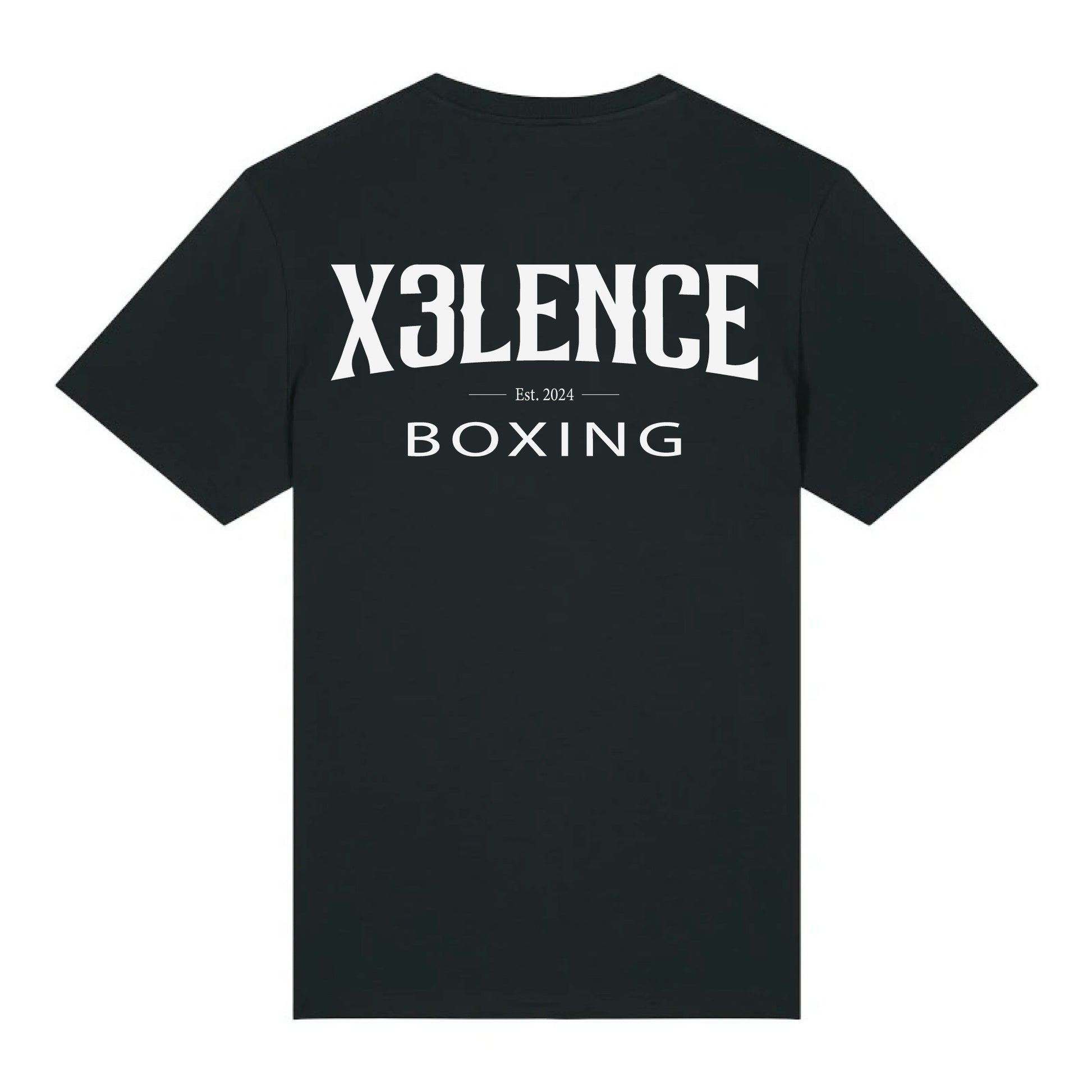 Achterkant van het zwarte X3LENCE T-shirt met groot wit logo “X3LENCE BOXING – Est. 2024”, gedrukt in sportieve stijl op biologisch katoen.